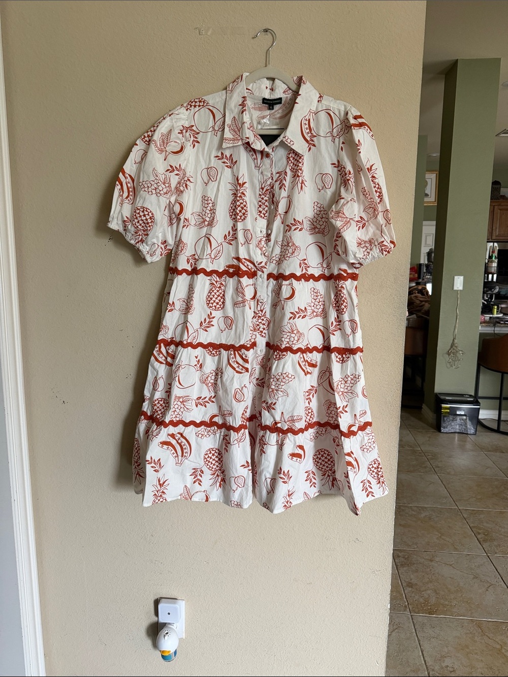 Women's White and Rust Printed Tiered Shirt Dress by Unknown Brand